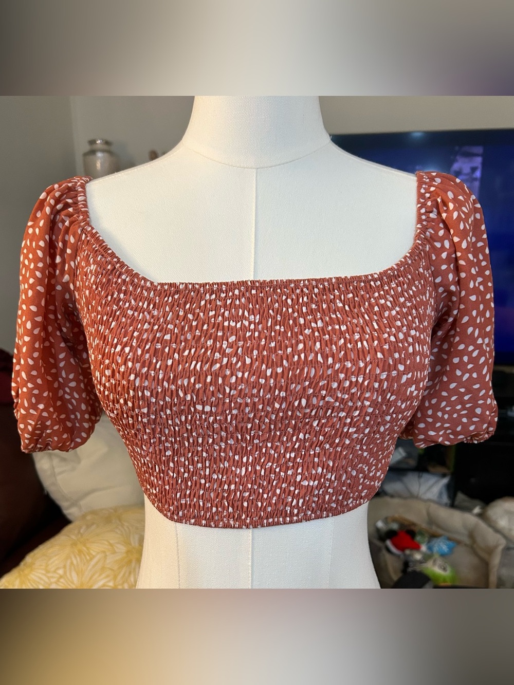 Rust Dot Smocked Square-Neck Crop Top